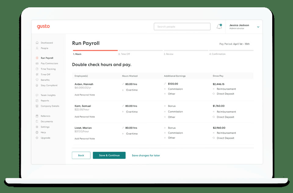 Gusto Run Payroll screen showing employee hours worked and gross pay for a semi-monthly pay period