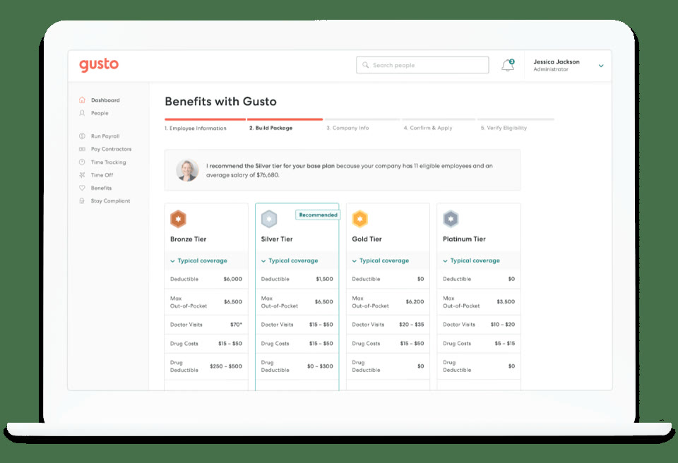 Gusto Benefits screen showing Bronze, Silver, Gold, and Platinum health plan tier comparison