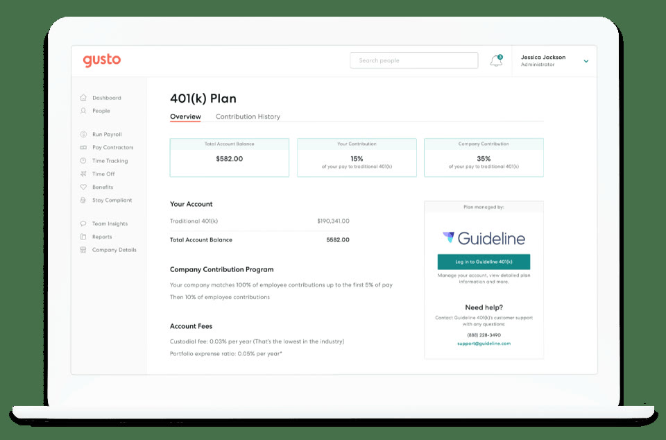 Gusto 401(k) plan overview showing account balance and employee and company contribution percentages