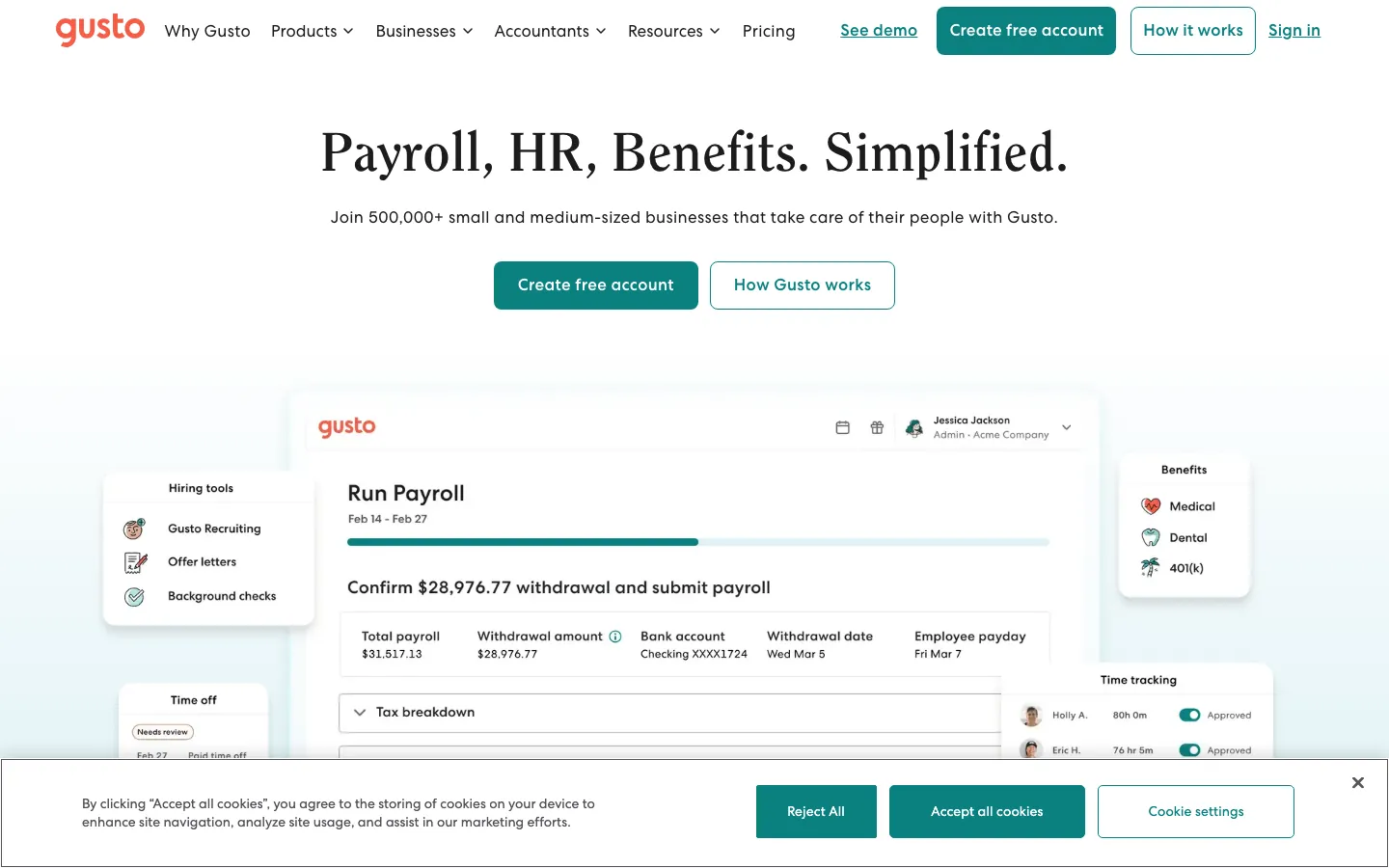 Gusto payroll platform showing run payroll screen with tax breakdown and employee payday details