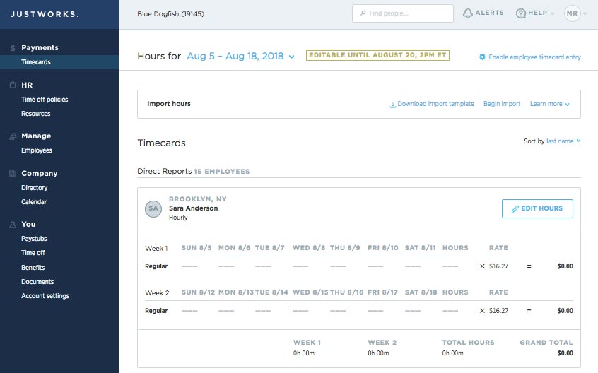 Justworks timecards screen showing weekly hours entry for a direct report at an hourly pay rate