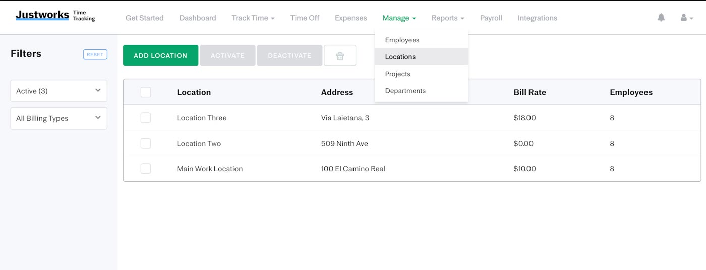 Justworks locations management screen listing work locations, bill rate, and employee counts