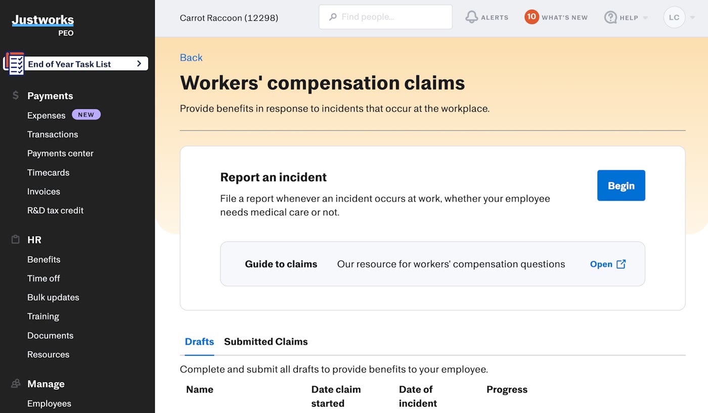 Justworks workers compensation claims screen with an incident report button and claim drafts list