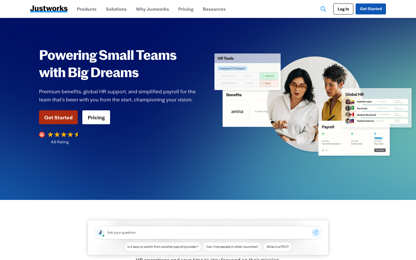 Justworks platform homepage showing HR payroll and benefits management interface for small businesses
