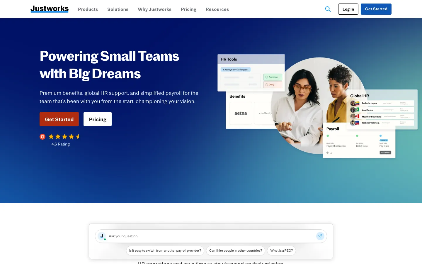 Justworks platform homepage showing HR payroll and benefits management interface for small businesses