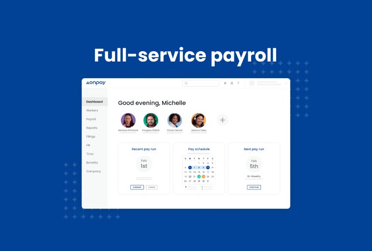 OnPay dashboard showing recent pay run, pay schedule calendar, and next pay run date
