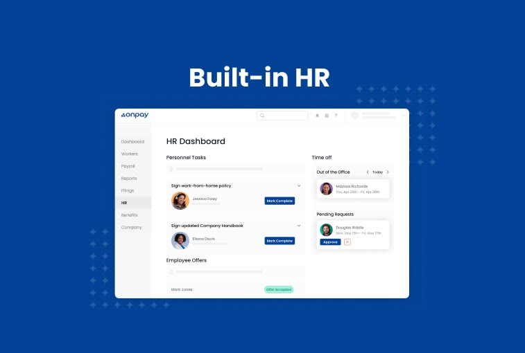 OnPay HR dashboard showing personnel tasks, time off requests, and pending onboarding offers