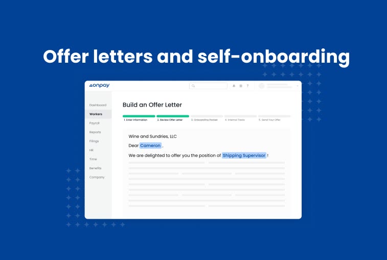 OnPay offer letter builder screen showing a draft offer letter with position and start details filled in
