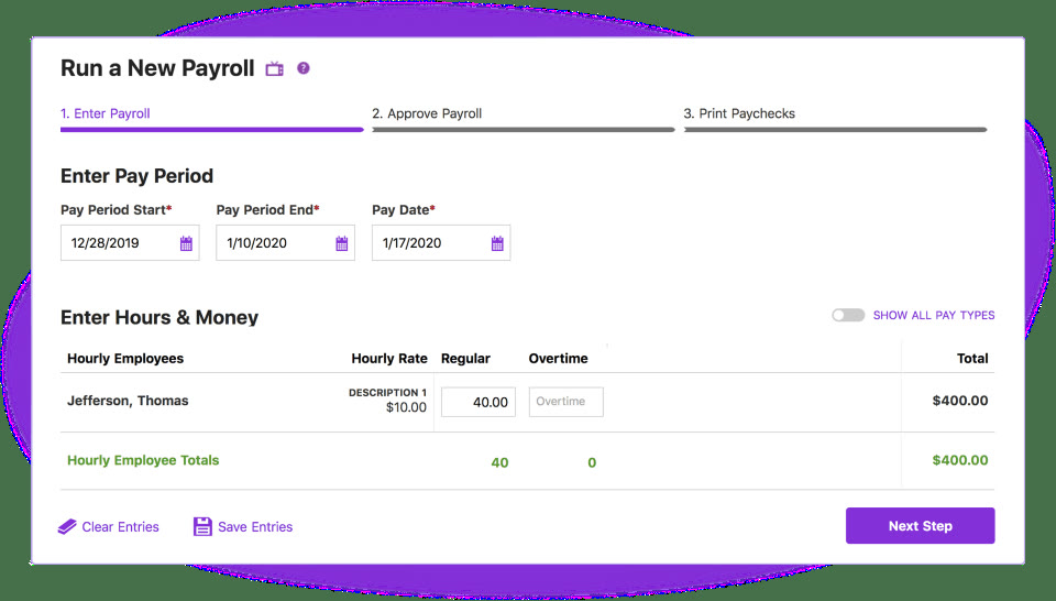 Patriot Software Run a New Payroll screen showing hourly employee hours and salary employee pay entry