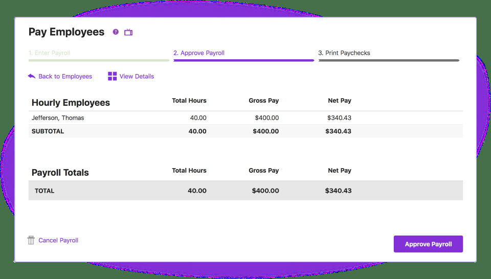 Patriot Software Approve Payroll screen showing total hours, gross pay, and net pay for a payroll run
