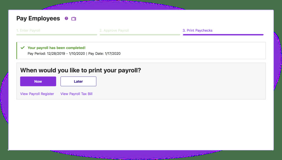 Patriot Software payroll completed confirmation screen with an option to print paychecks now or later