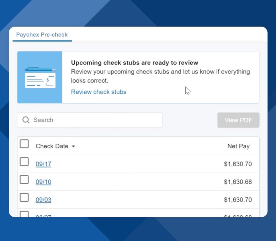 Paychex Pre-check screen listing upcoming check stubs by check date with net pay for review before payday