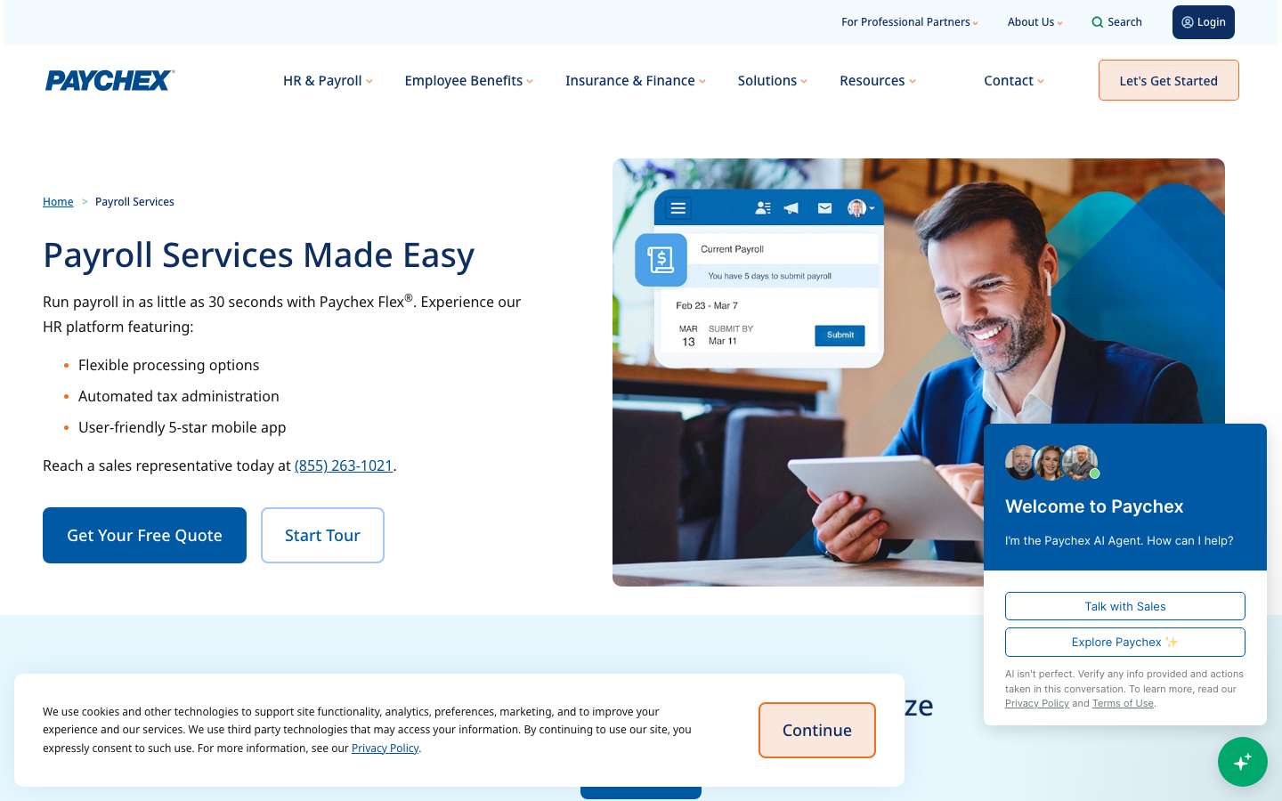 Paychex Flex payroll platform showing the payroll management dashboard and HR compliance features