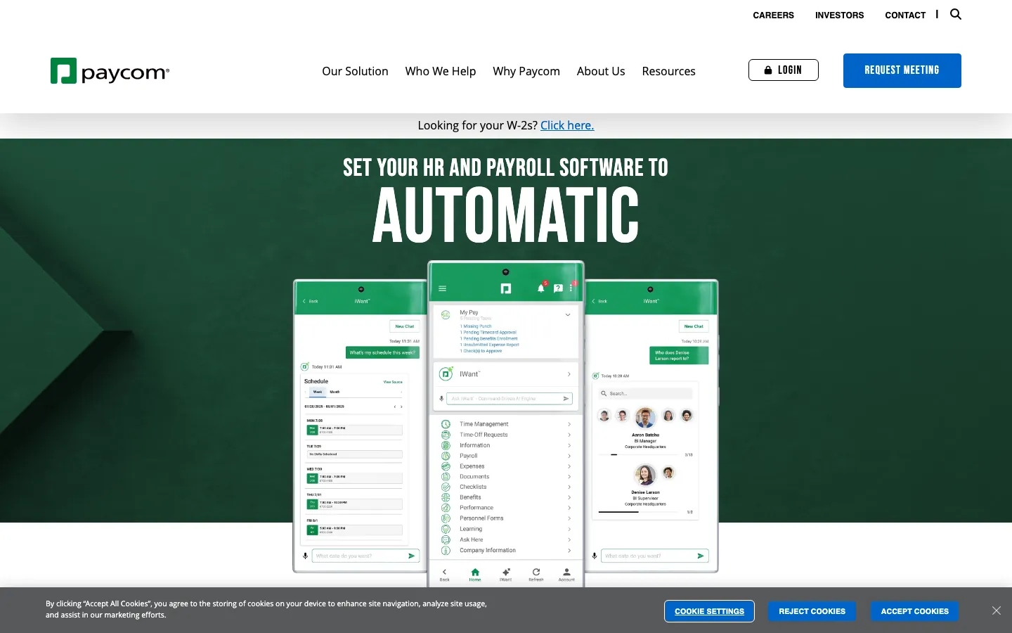 Paycom HR and payroll platform homepage showing single-database HCM and Beti automated payroll features