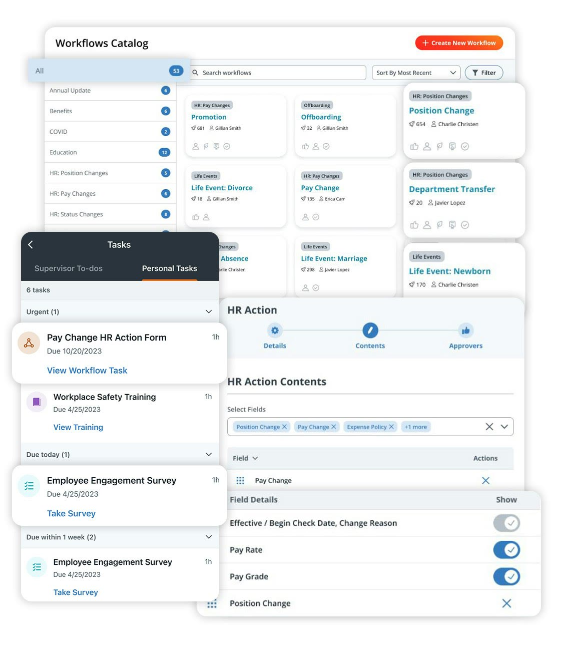 Paylocity workflows catalog showing HR pay change and offboarding workflow cards alongside a personal tasks panel