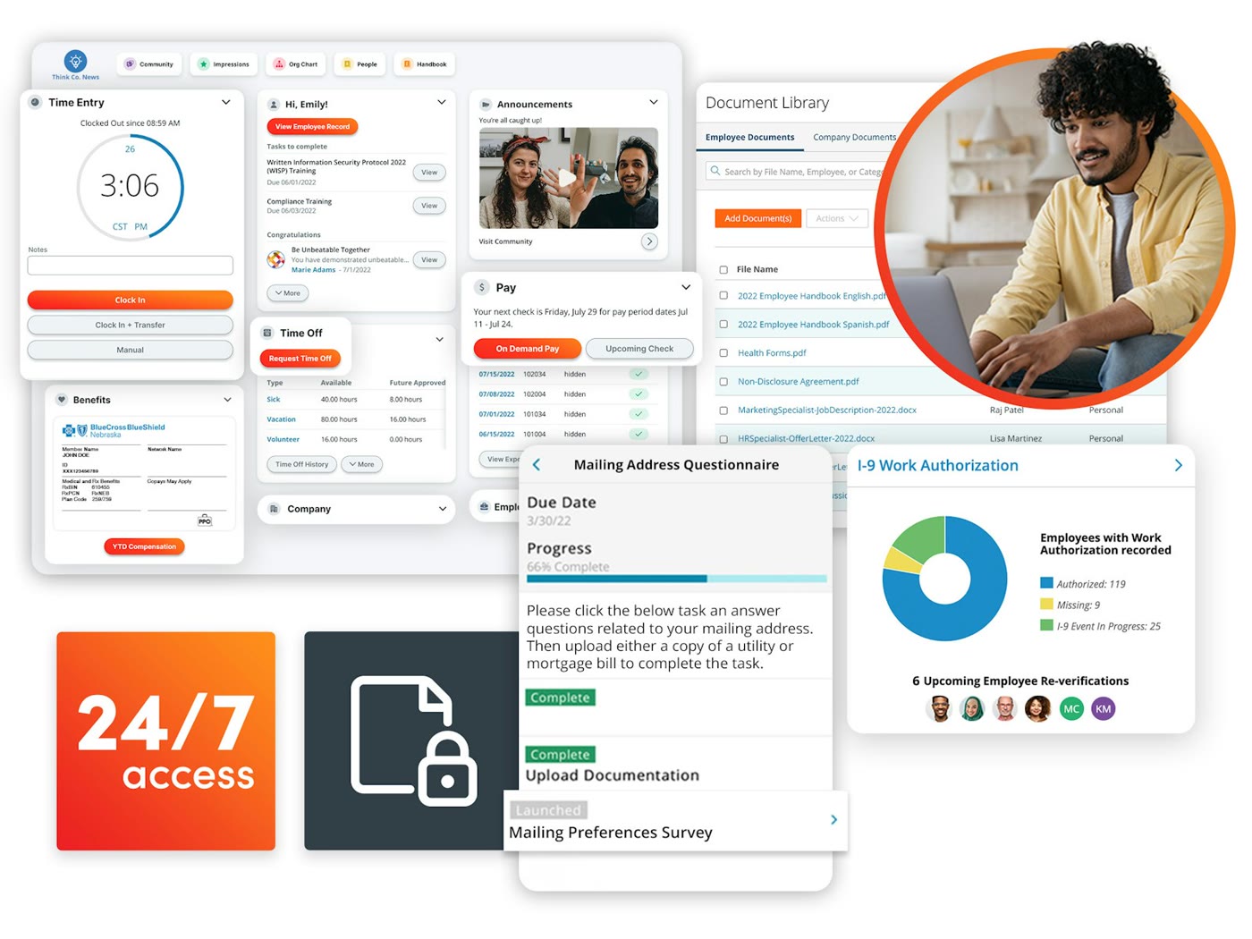 Paylocity employee self-service dashboard showing time entry, pay details, time off balances, and benefits cards