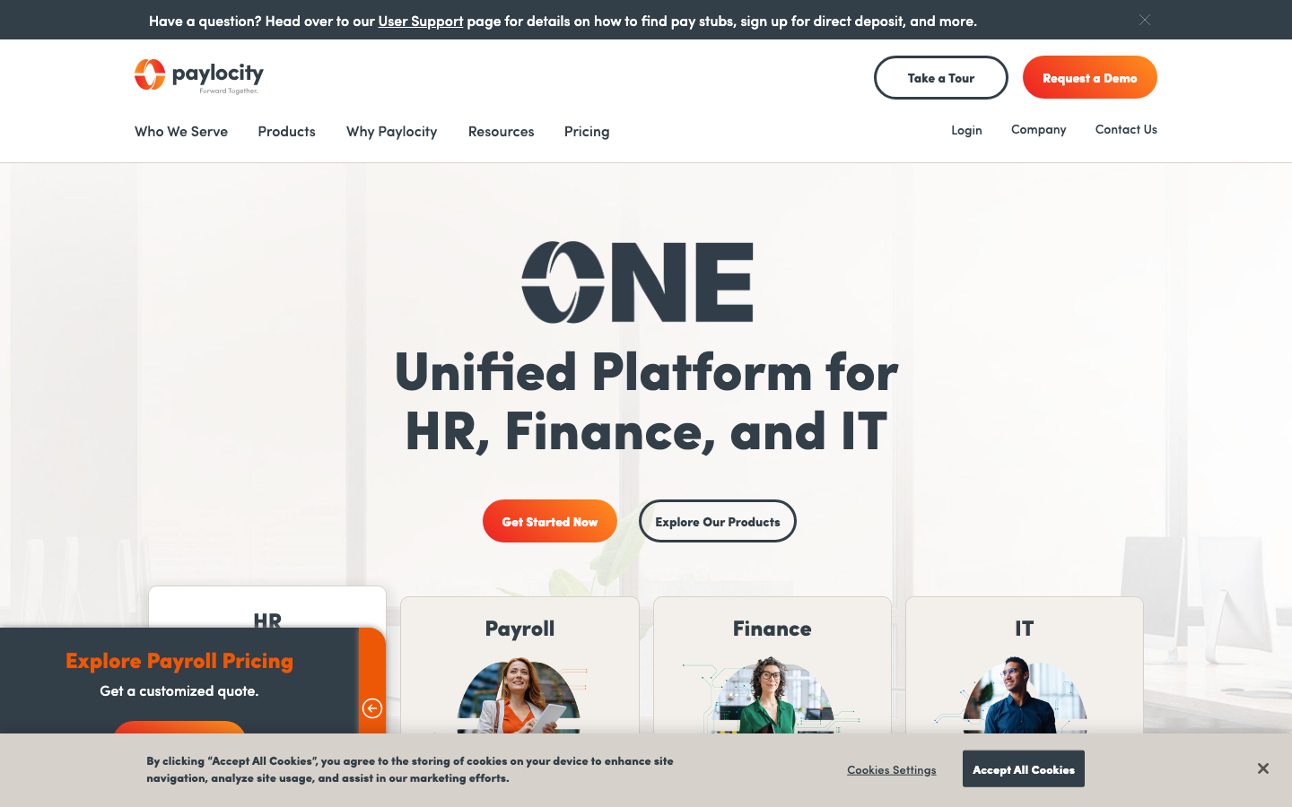 Paylocity unified HR and payroll platform homepage showing payroll HR finance and IT modules
