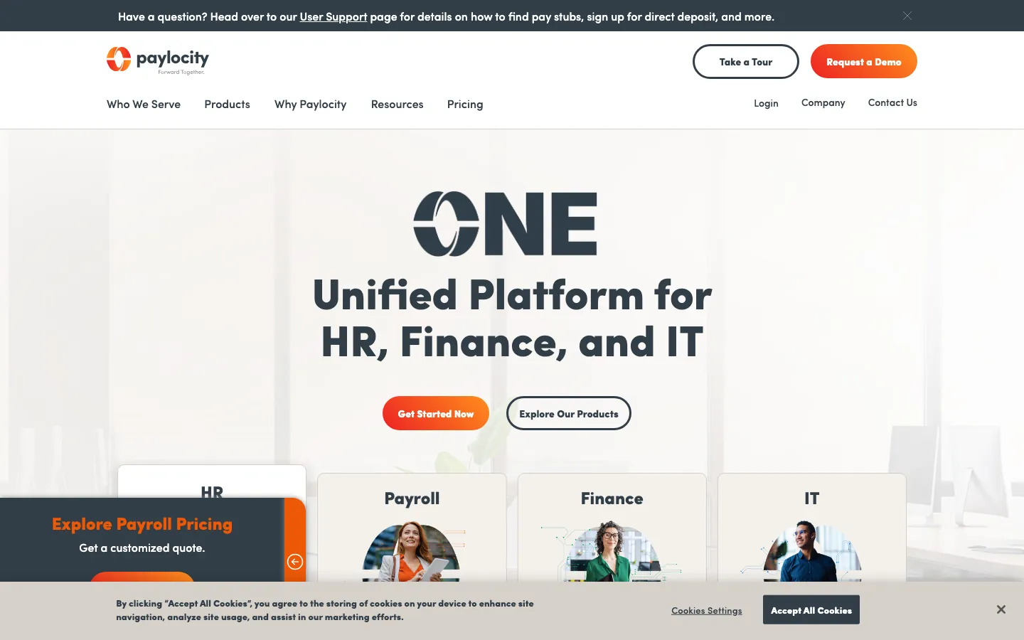 Paylocity unified HR and payroll platform homepage showing payroll HR finance and IT modules