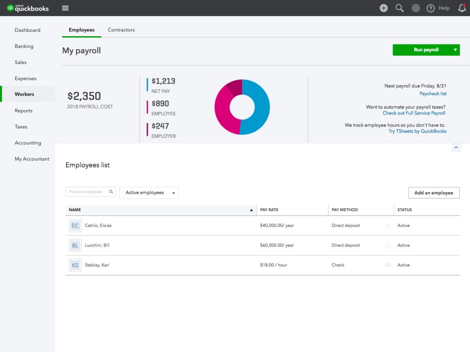 QuickBooks Payroll My payroll dashboard showing payroll cost, net pay breakdown, and the employees list