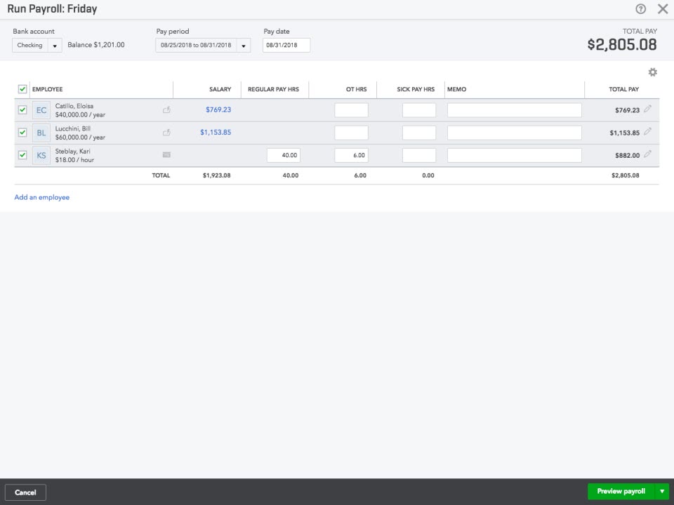 QuickBooks Payroll Run Payroll screen showing regular pay hours, overtime, sick pay, and total pay per employee