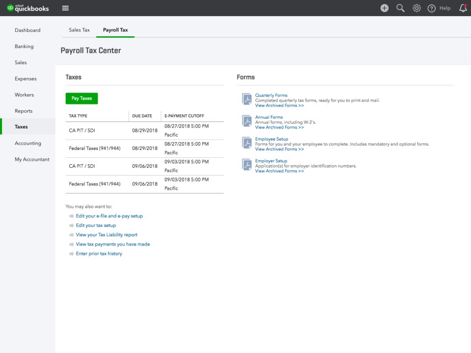 QuickBooks Payroll Tax Center showing upcoming tax due dates and quarterly and annual payroll tax forms