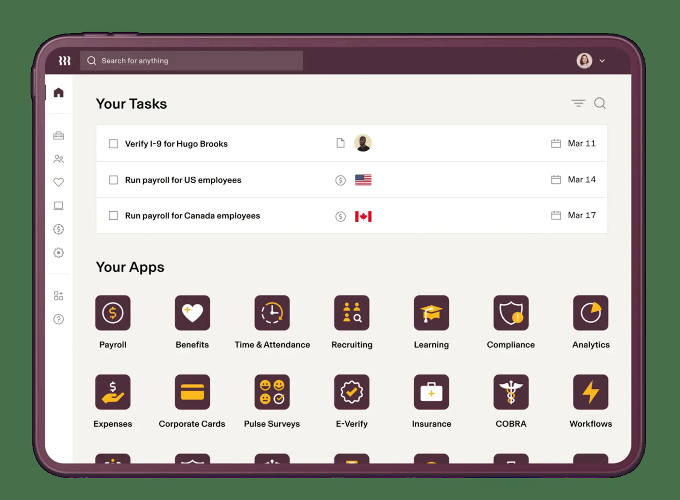 Rippling Your Tasks dashboard showing verify I-9, run payroll tasks, and the full Your Apps grid