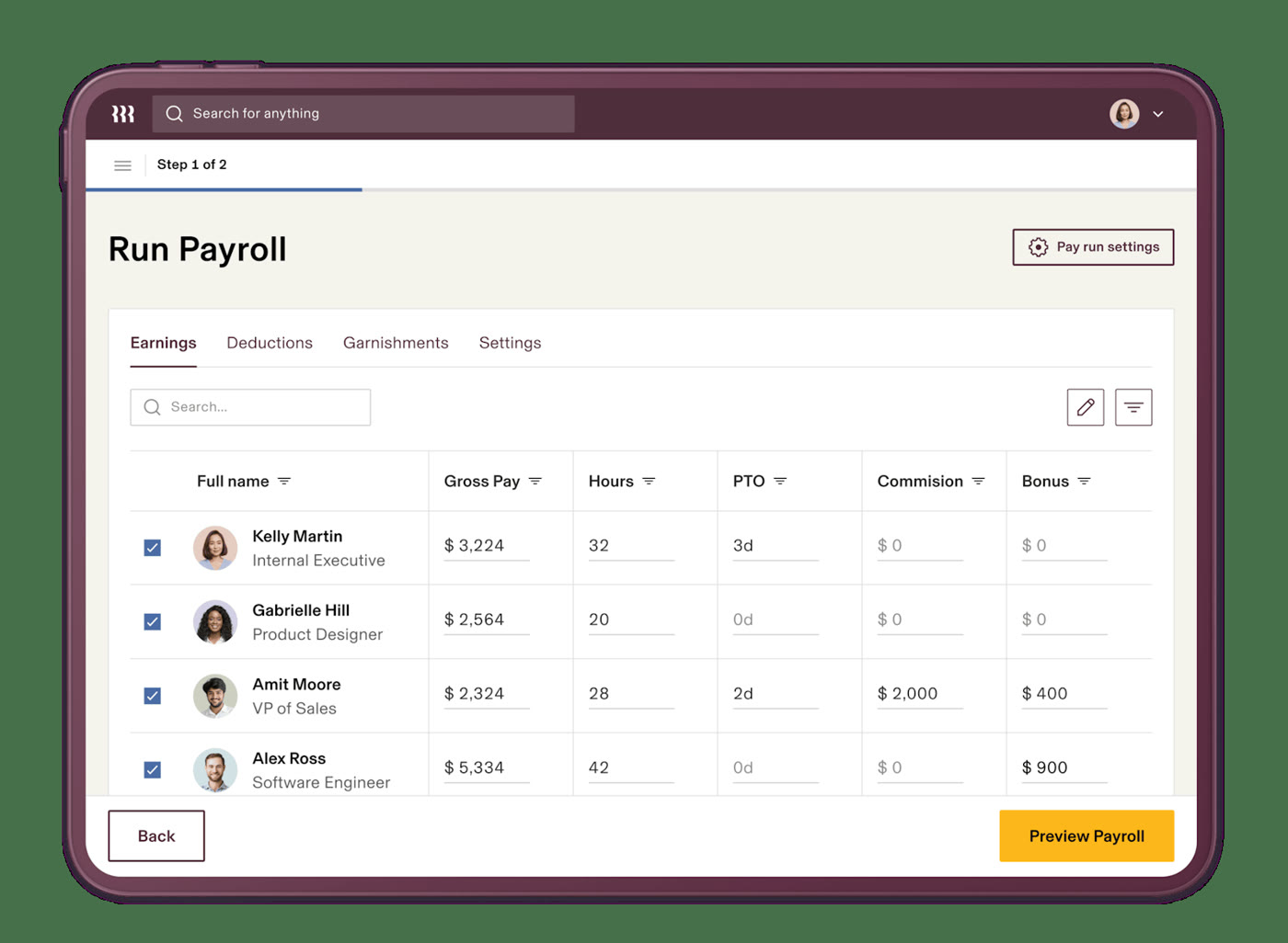 Rippling Run Payroll earnings step showing gross pay, hours, PTO, commission, and bonus columns per employee