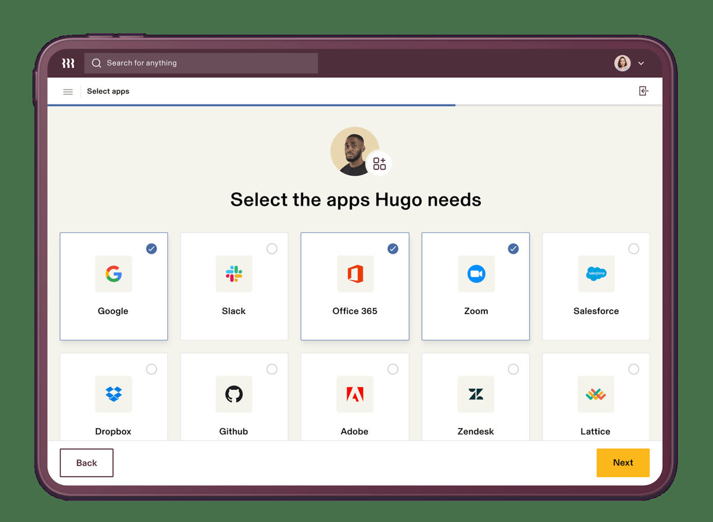 Rippling app provisioning screen for a new hire showing Google, Office 365, and Zoom selected automatically
