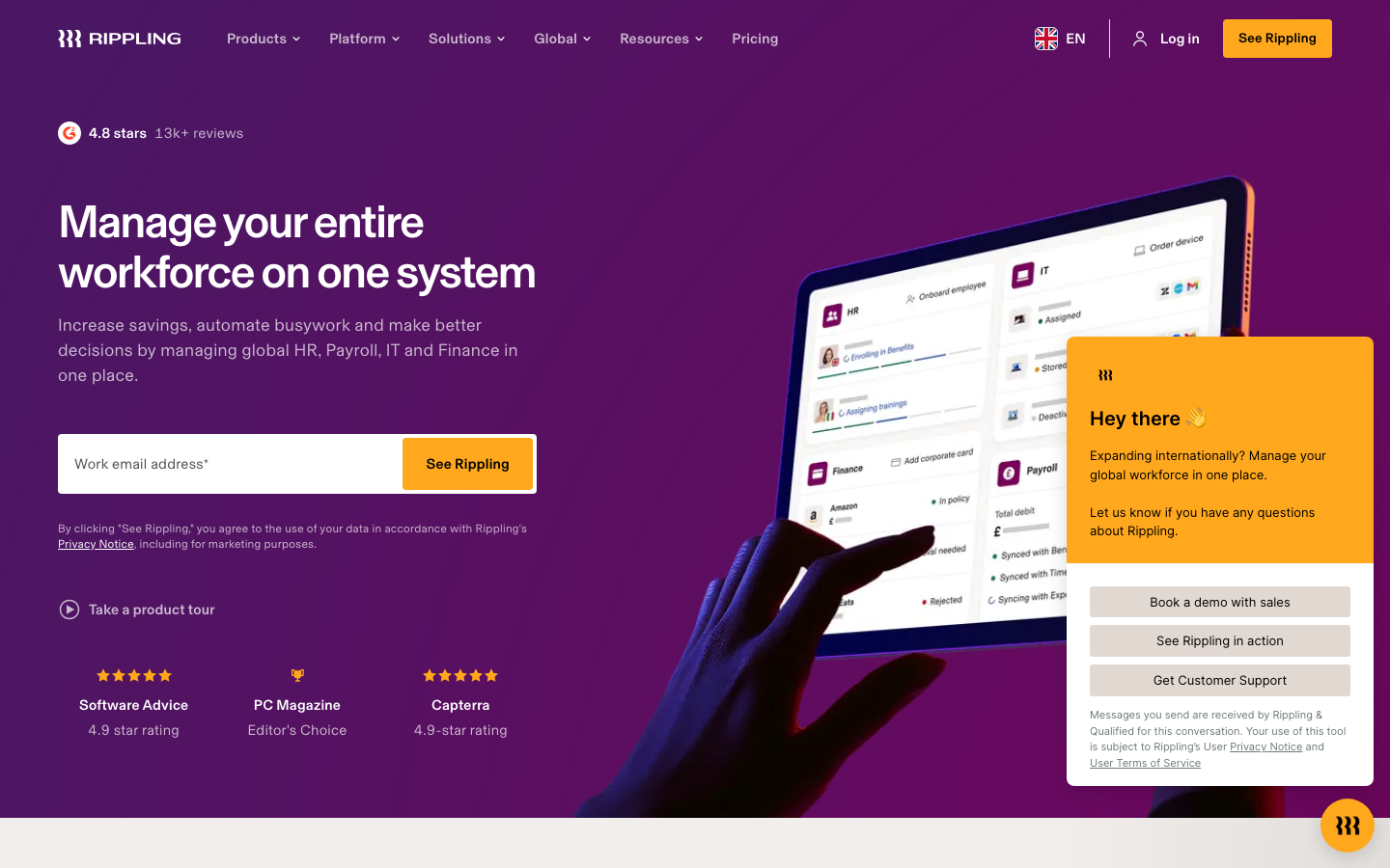 Rippling unified HR and payroll platform homepage showing the unified employee record and automation features