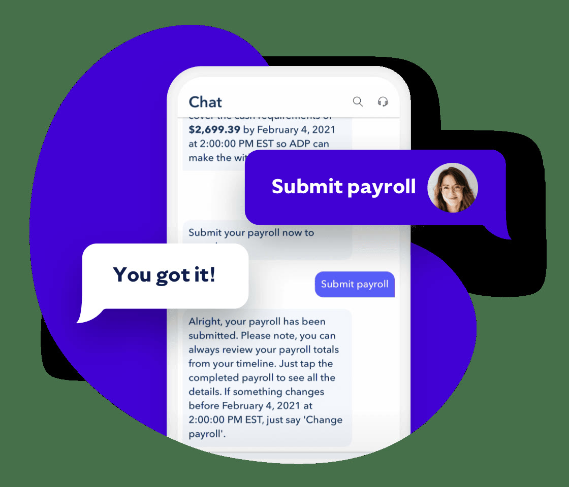Roll by ADP chat screen confirming a payroll submission with a Submit payroll button and completion message