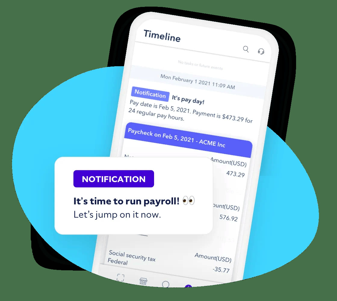 Roll by ADP timeline screen with a payday notification and a run payroll reminder for the pay period