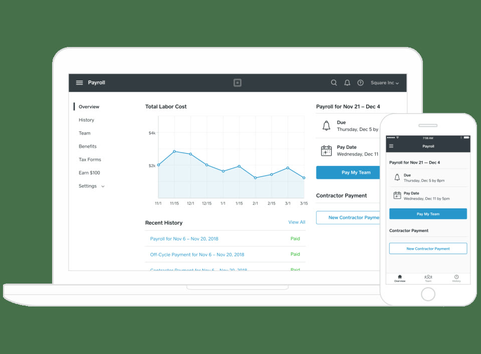 Square Payroll overview screen on desktop and mobile showing total labor cost chart and recent payroll history