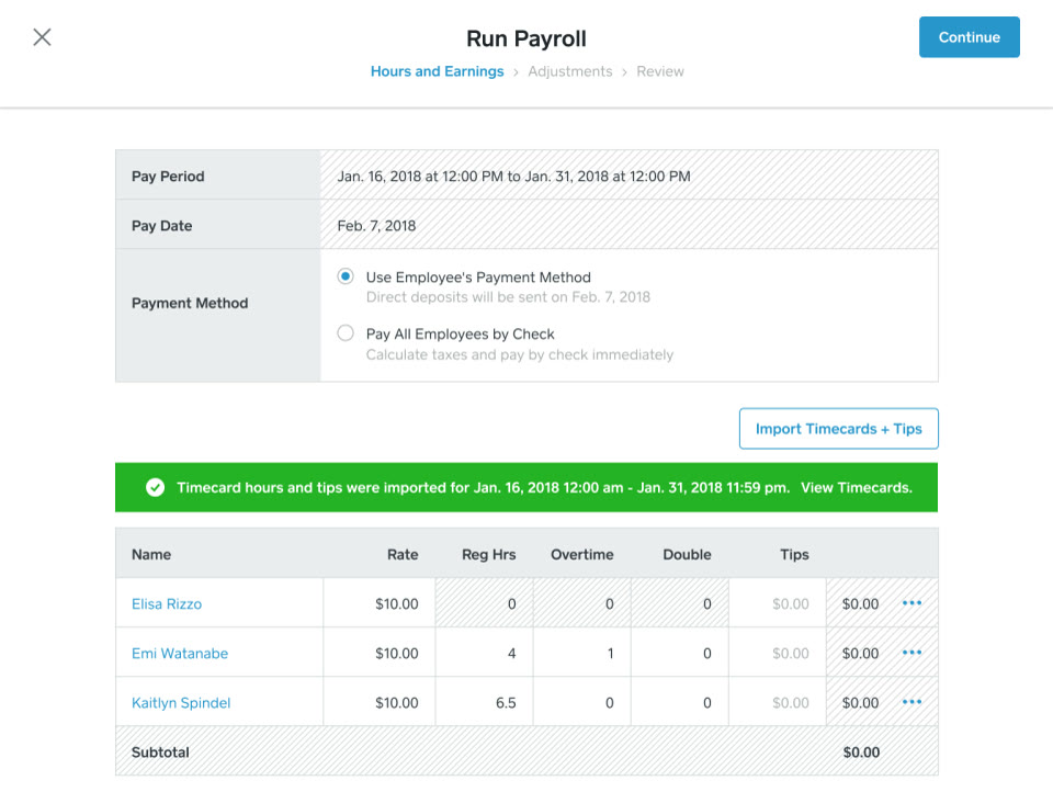 Square Payroll Run Payroll screen showing hours and earnings entry with imported timecard and tip data