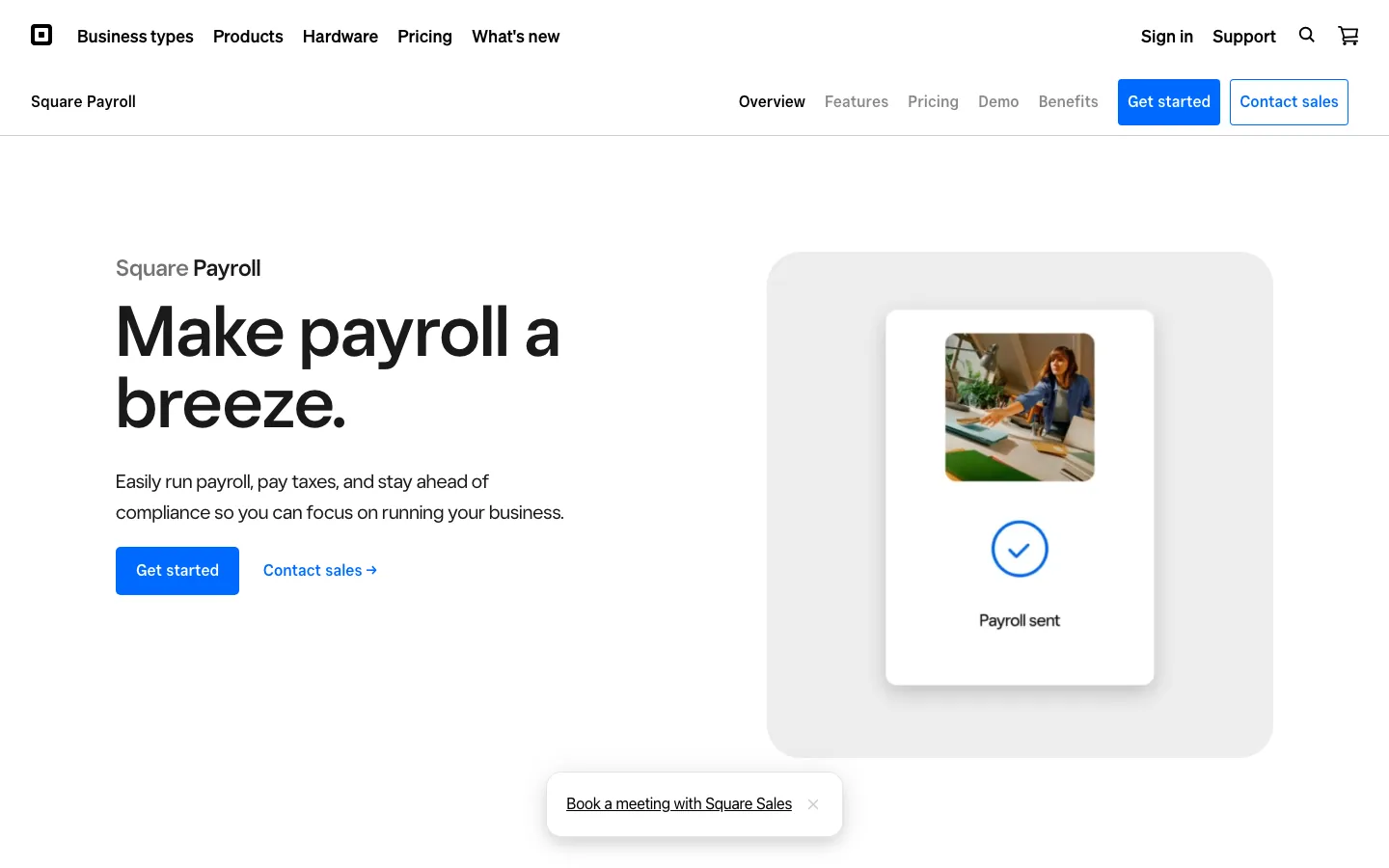 Square Payroll platform showing streamlined payroll management interface with payroll sent confirmation screen