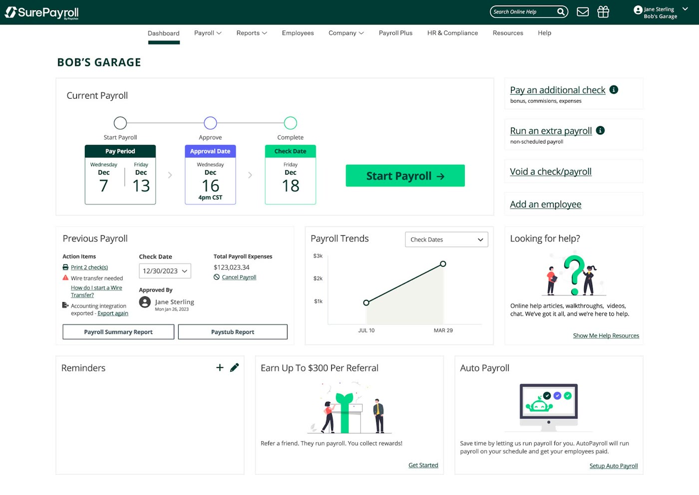 SurePayroll dashboard showing the current payroll steps, previous payroll summary, and a payroll trends chart