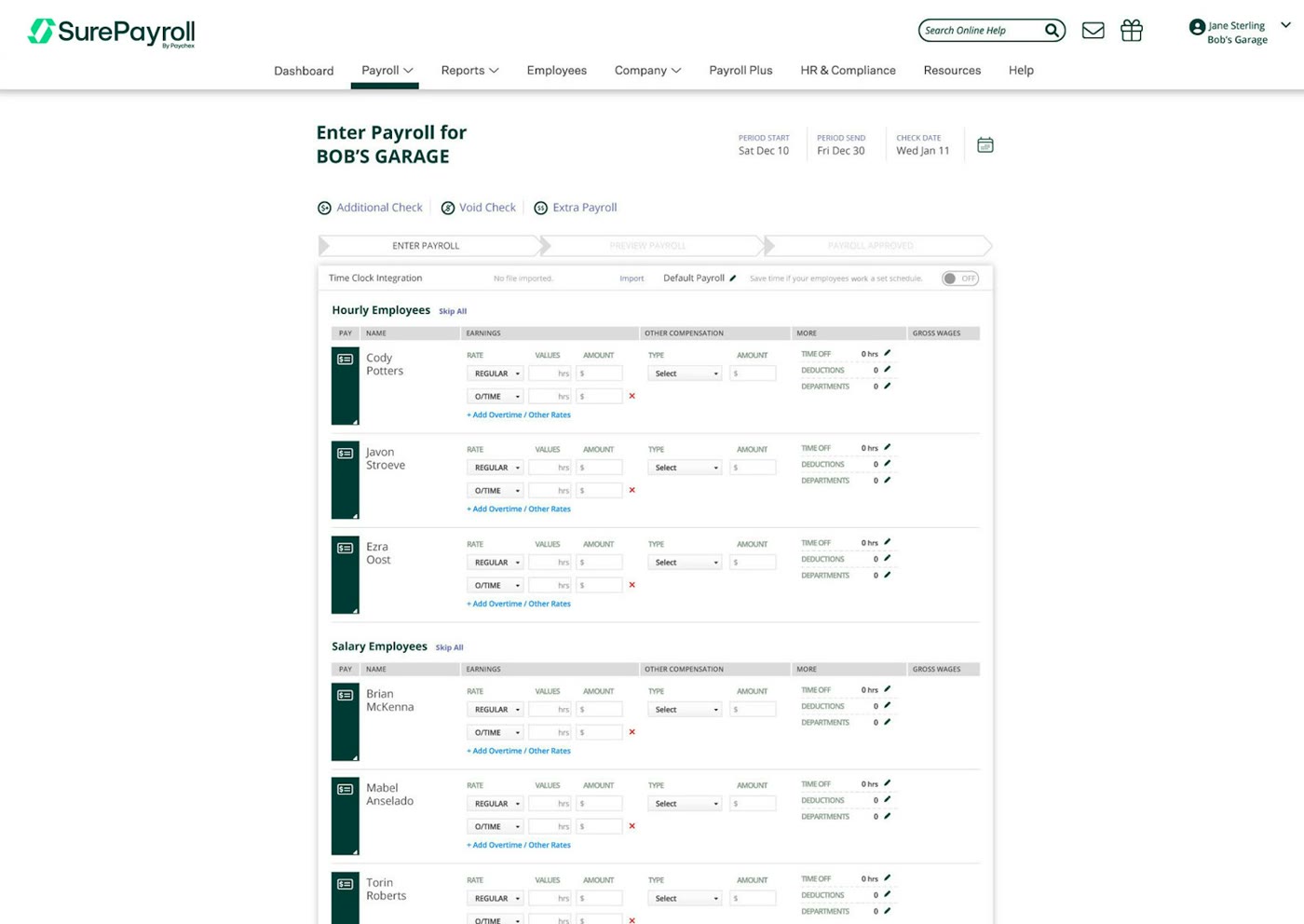 SurePayroll Enter Payroll screen listing hourly and salary employees with rate, hours, and gross wages columns