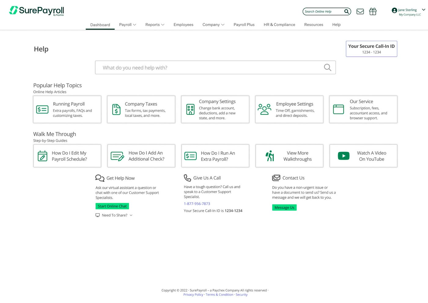 SurePayroll Help Center screen showing popular help topics and step-by-step walkthrough guides