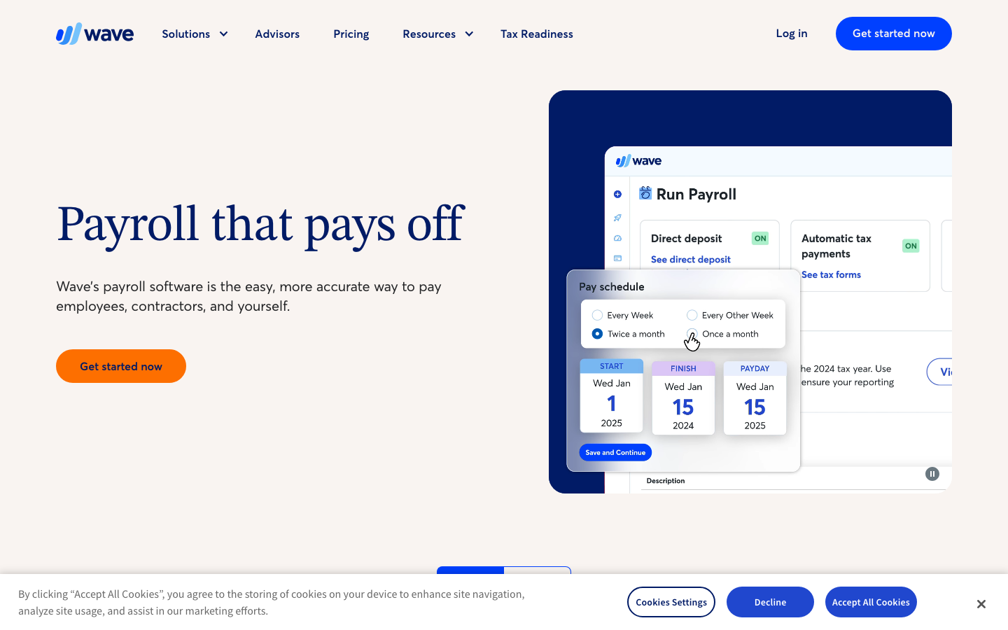Wave Payroll homepage showing simple payroll run interface with direct deposit and tax automation for small businesses