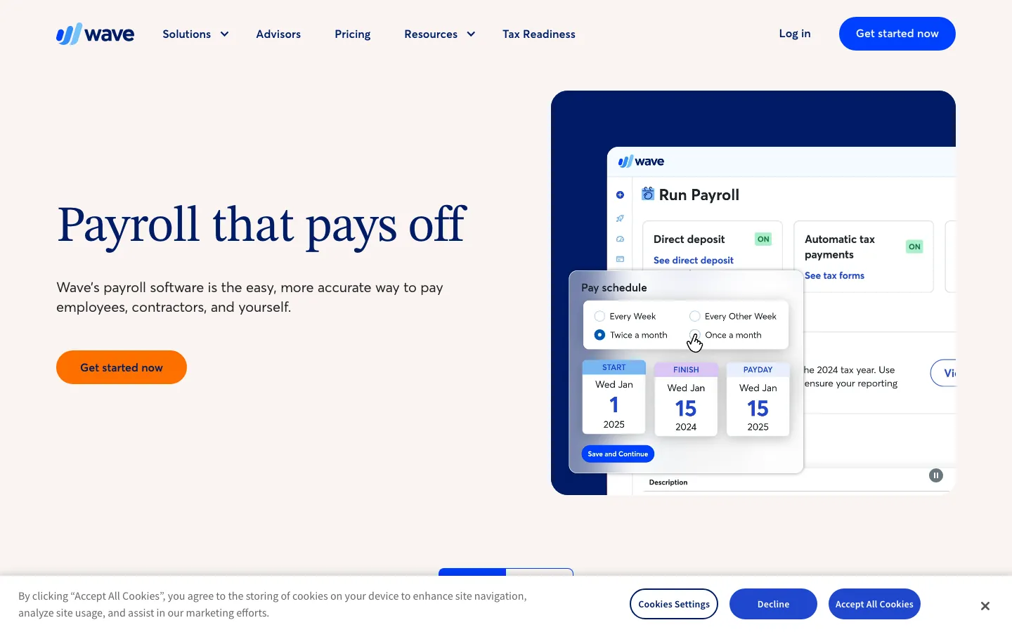 Wave Payroll homepage showing simple payroll run interface with direct deposit and tax automation for small businesses