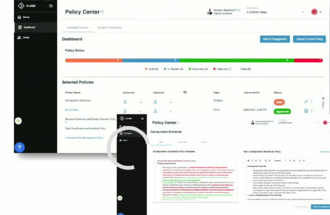 A-LIGN A-SCEND Policy Center screen showing policy status breakdown and a selected policies list with approval workflow