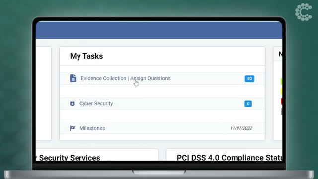 ControlCase Compliance Hub My Tasks panel showing evidence collection, cyber security, and milestone items