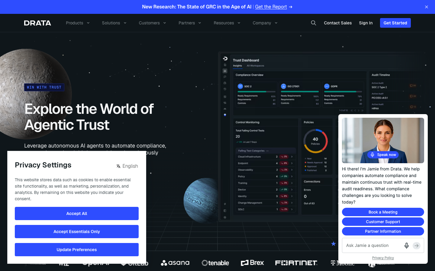 Drata compliance platform homepage with agentic trust dashboard and continuous control monitoring view