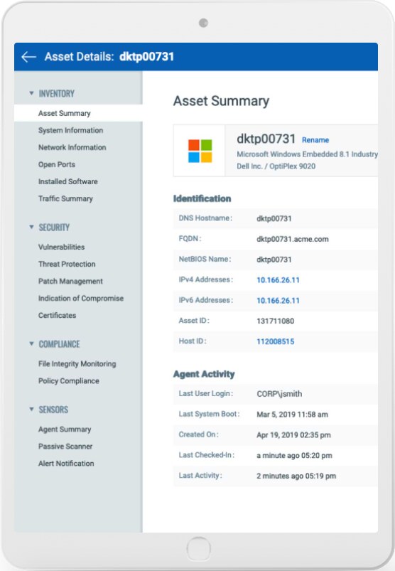 Qualys asset details summary showing configuration, vulnerabilities, and compliance status for a single asset