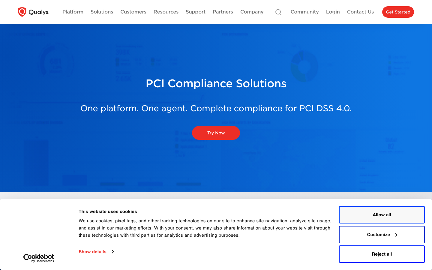 Qualys PCI compliance suite homepage showing vulnerability scanning and ASV messaging