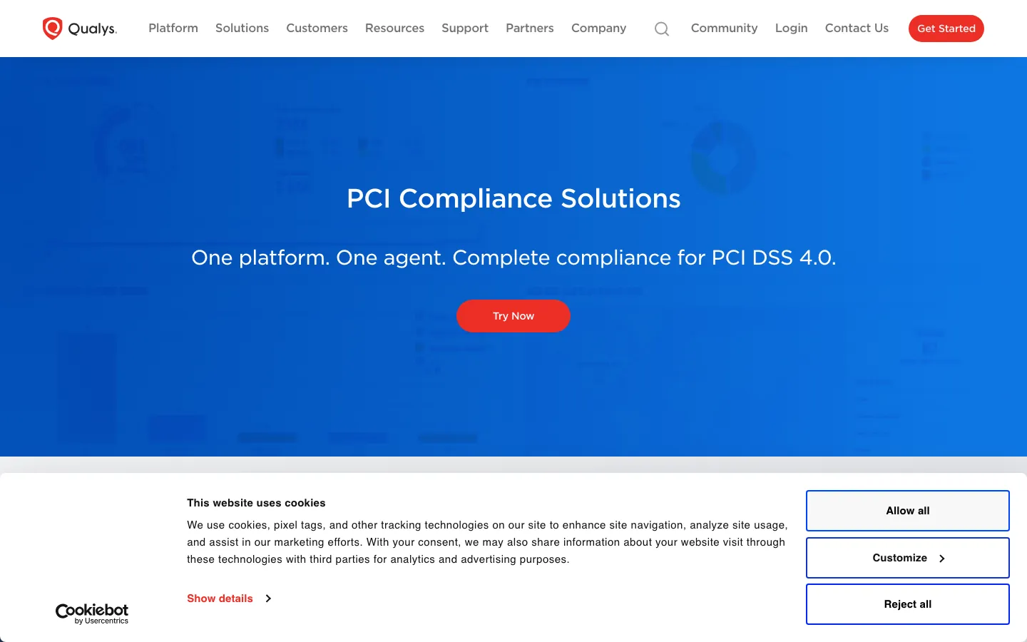Qualys PCI compliance suite homepage showing vulnerability scanning and ASV messaging