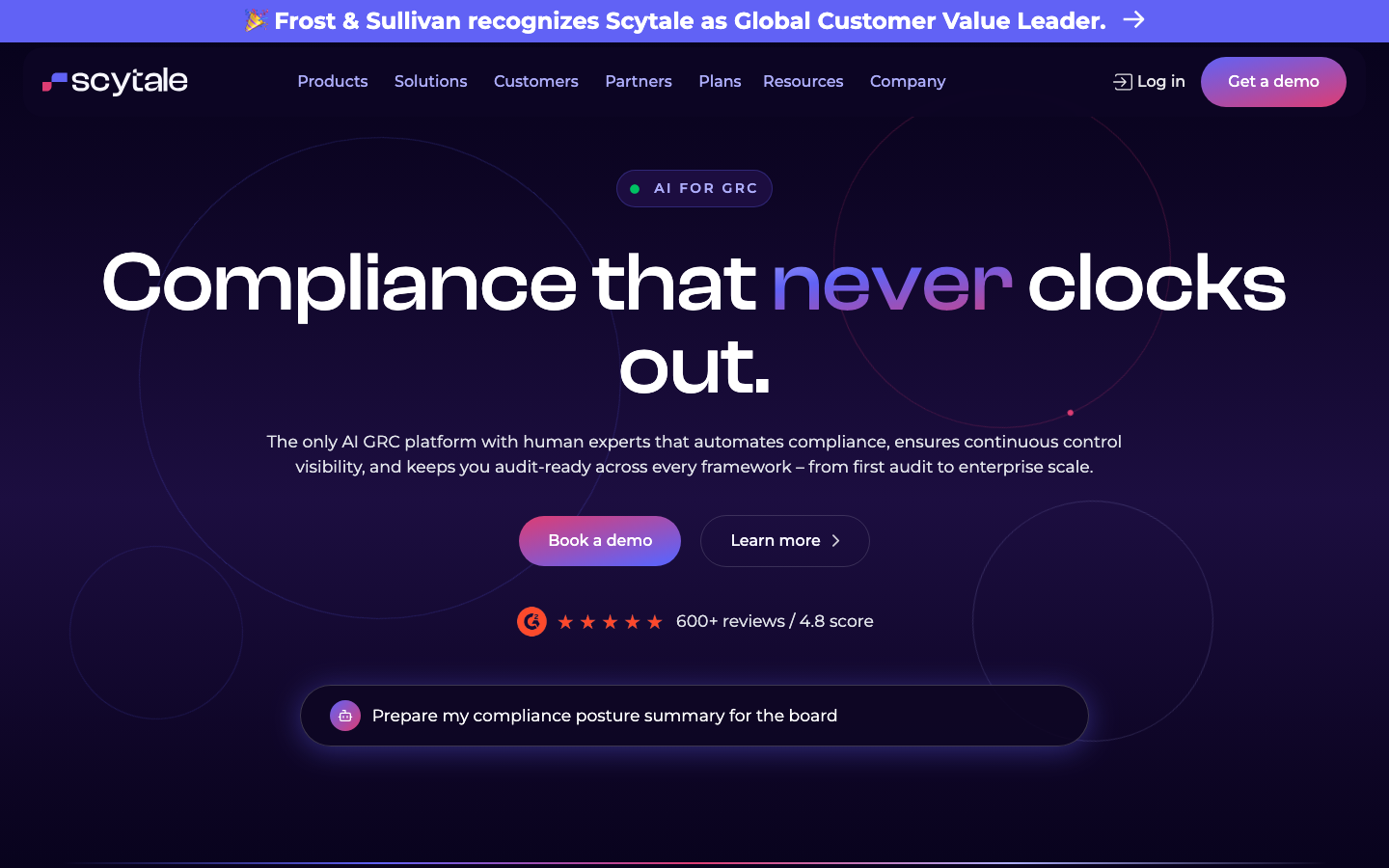 Scytale AI-native compliance platform homepage showing continuous compliance dashboard messaging