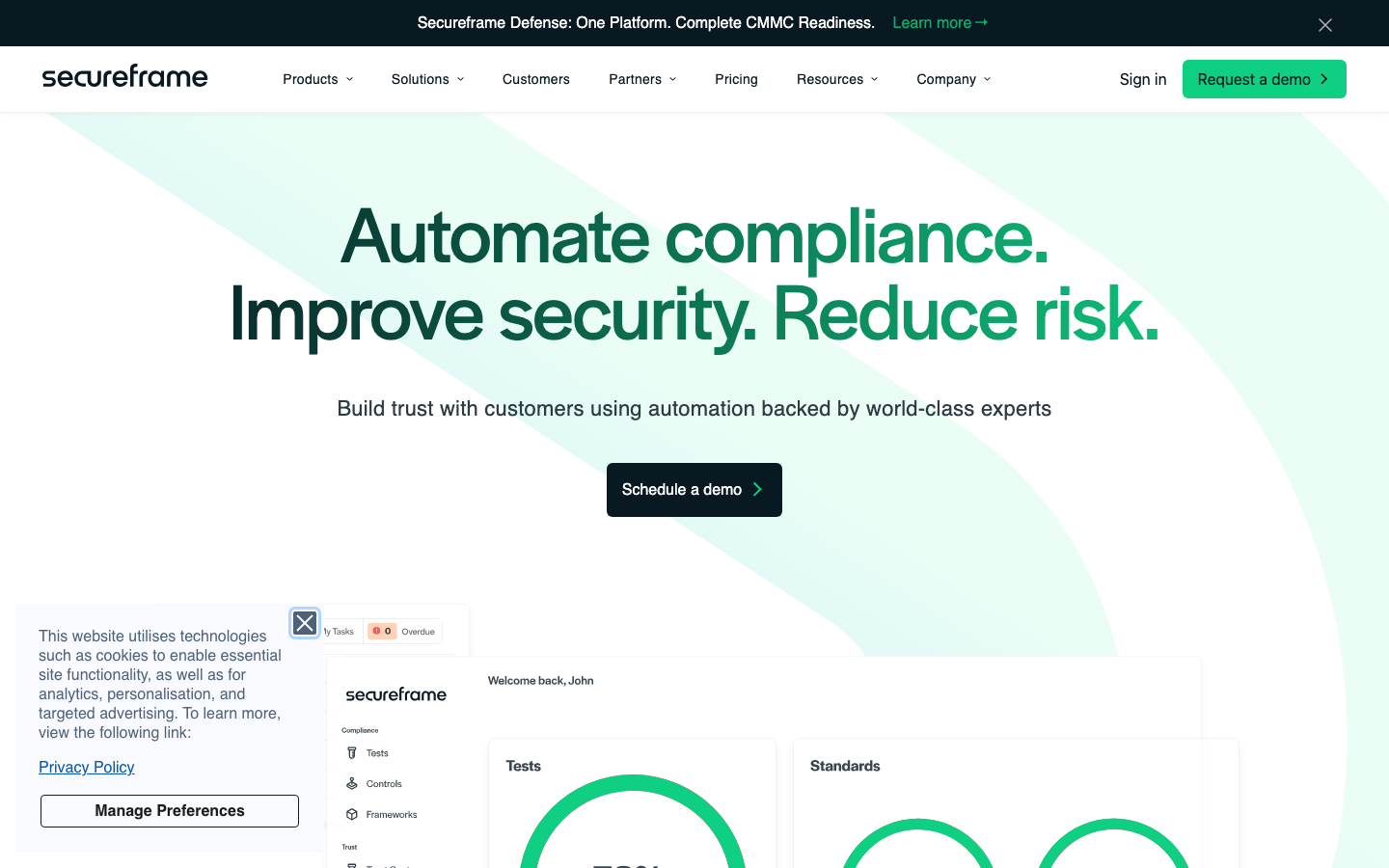 Secureframe compliance automation homepage showing framework dashboard and automation messaging