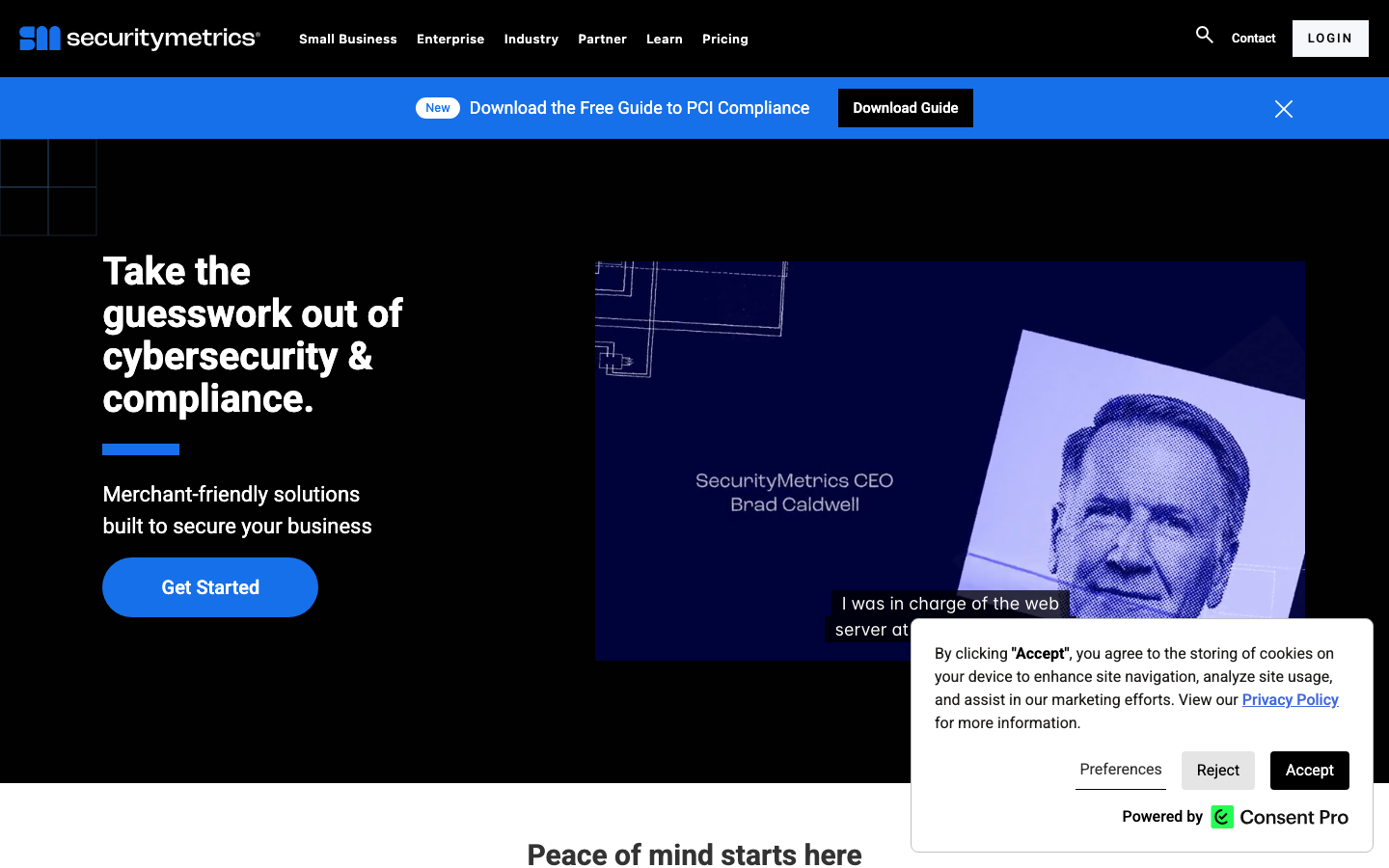 SecurityMetrics homepage showing cybersecurity and PCI compliance messaging with company CEO video