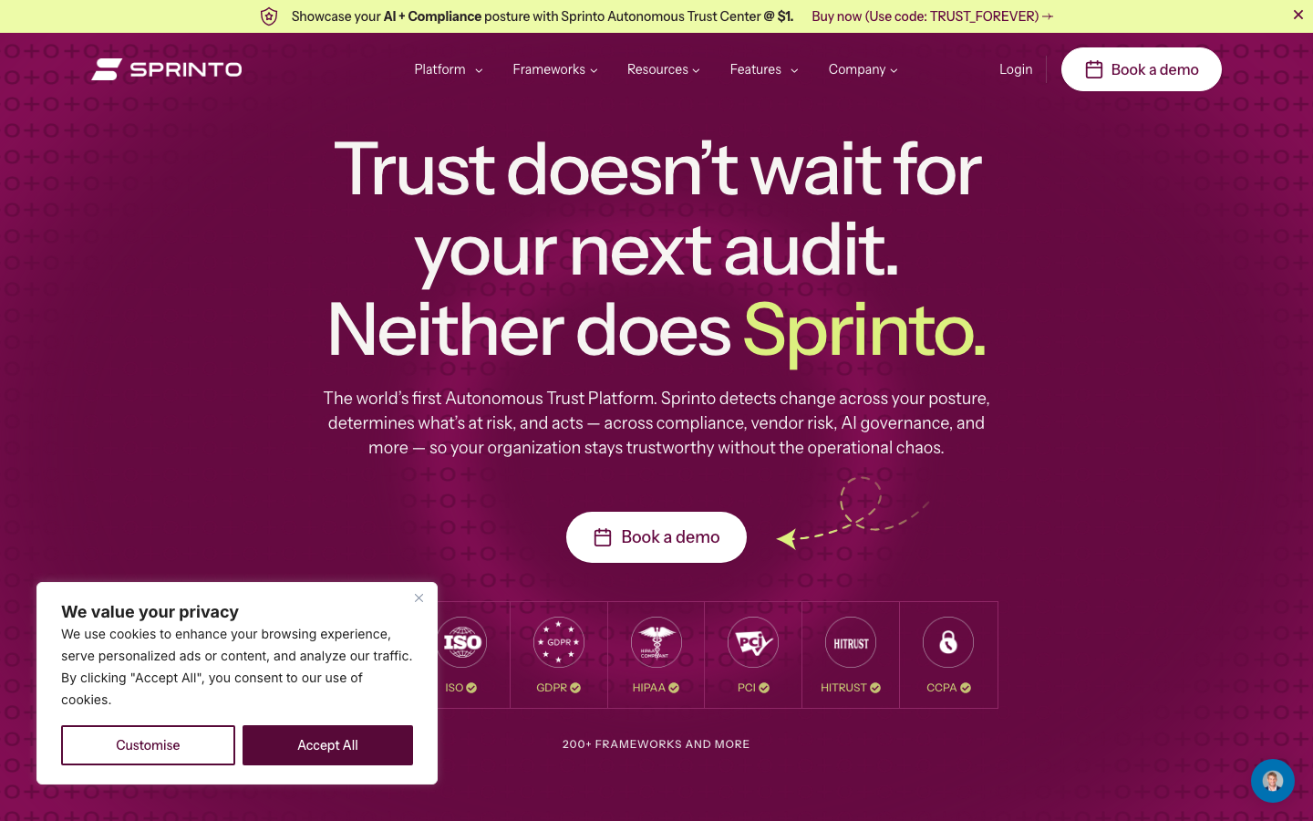 Sprinto compliance automation homepage showing SOC 2 and framework readiness messaging