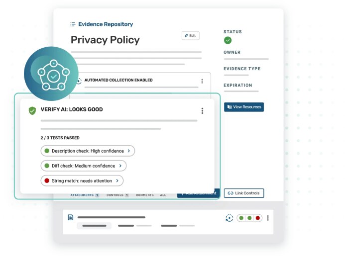 Strike Graph evidence repository showing AI-assisted verification of PCI DSS compliance evidence submissions